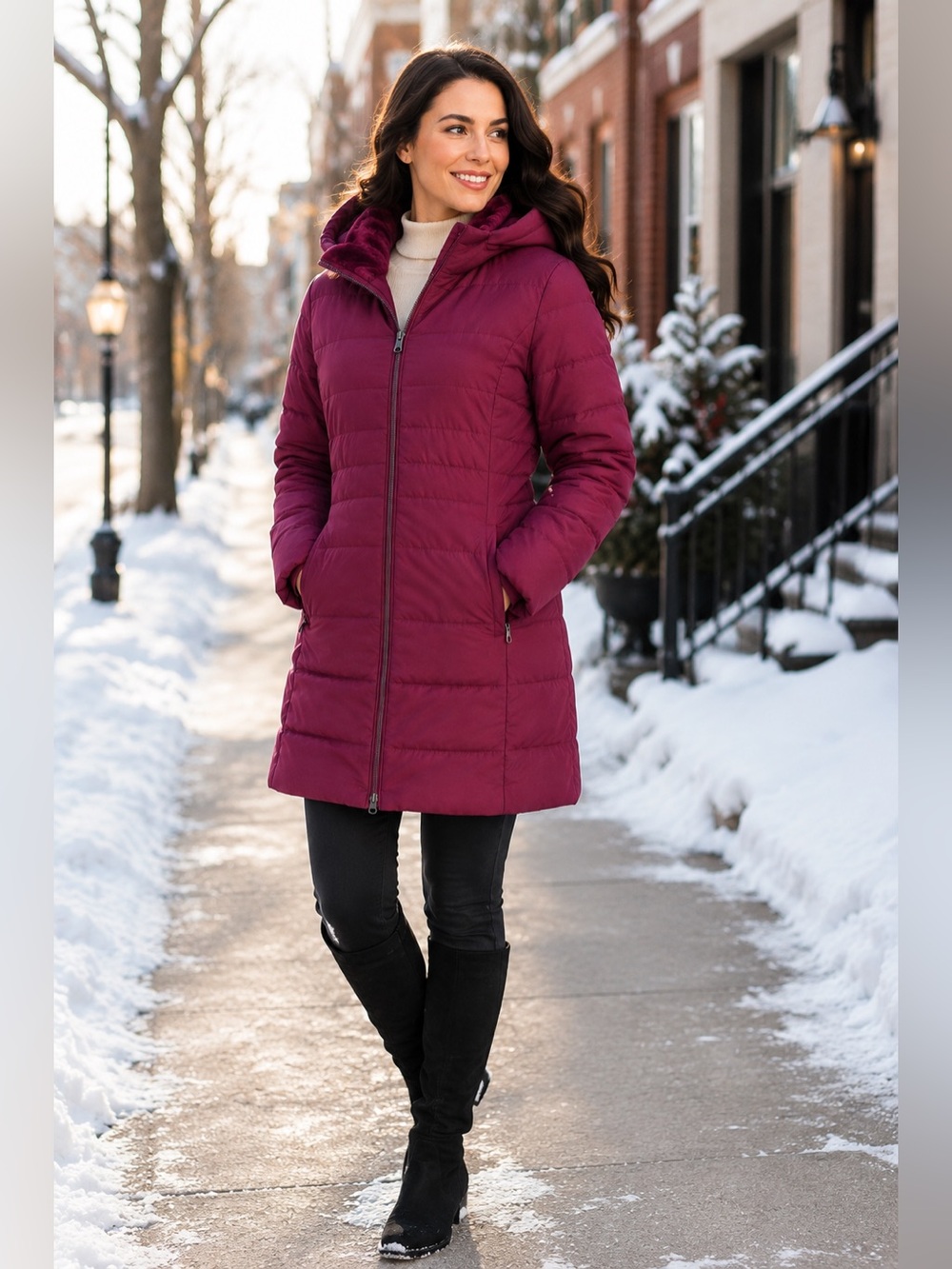 Swiss Tech Women's Burgundy Hooded Long Puffer Coat Faux Fur Lined Small 4/6
